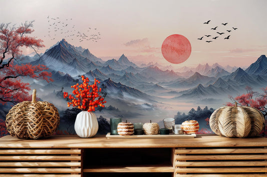 Japanese Landscape Misty Mountains Wallpaper – room setting, Golden Era Walls