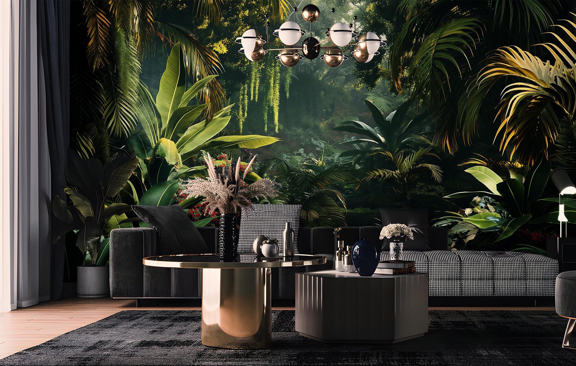 Jungle Decor Exotic Greenery Floral Wallpaper – peel and stick wallpaper mural, Golden Era Walls