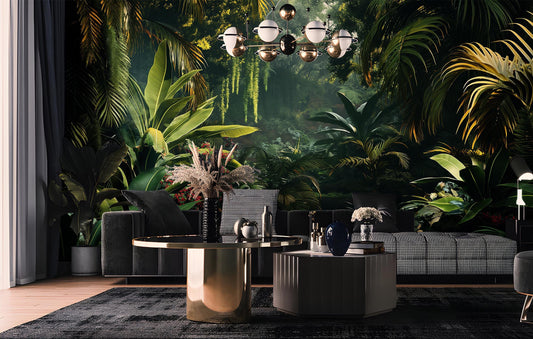 Jungle Decor Exotic Greenery Floral Wallpaper – peel and stick wallpaper mural, Golden Era Walls