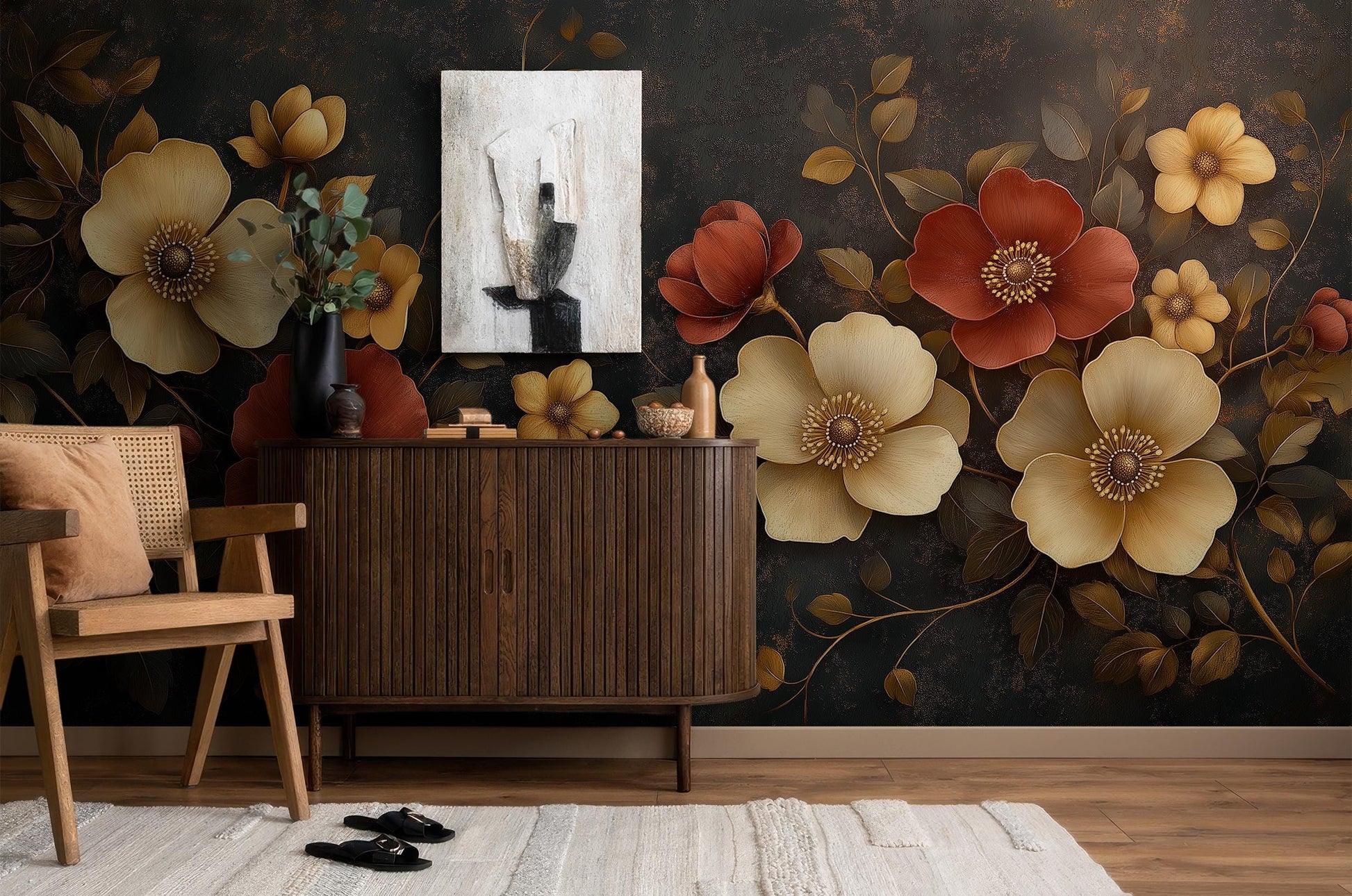 Luxury Dark Floral Red Floral Wallpaper – lifestyle view, Golden Era Walls