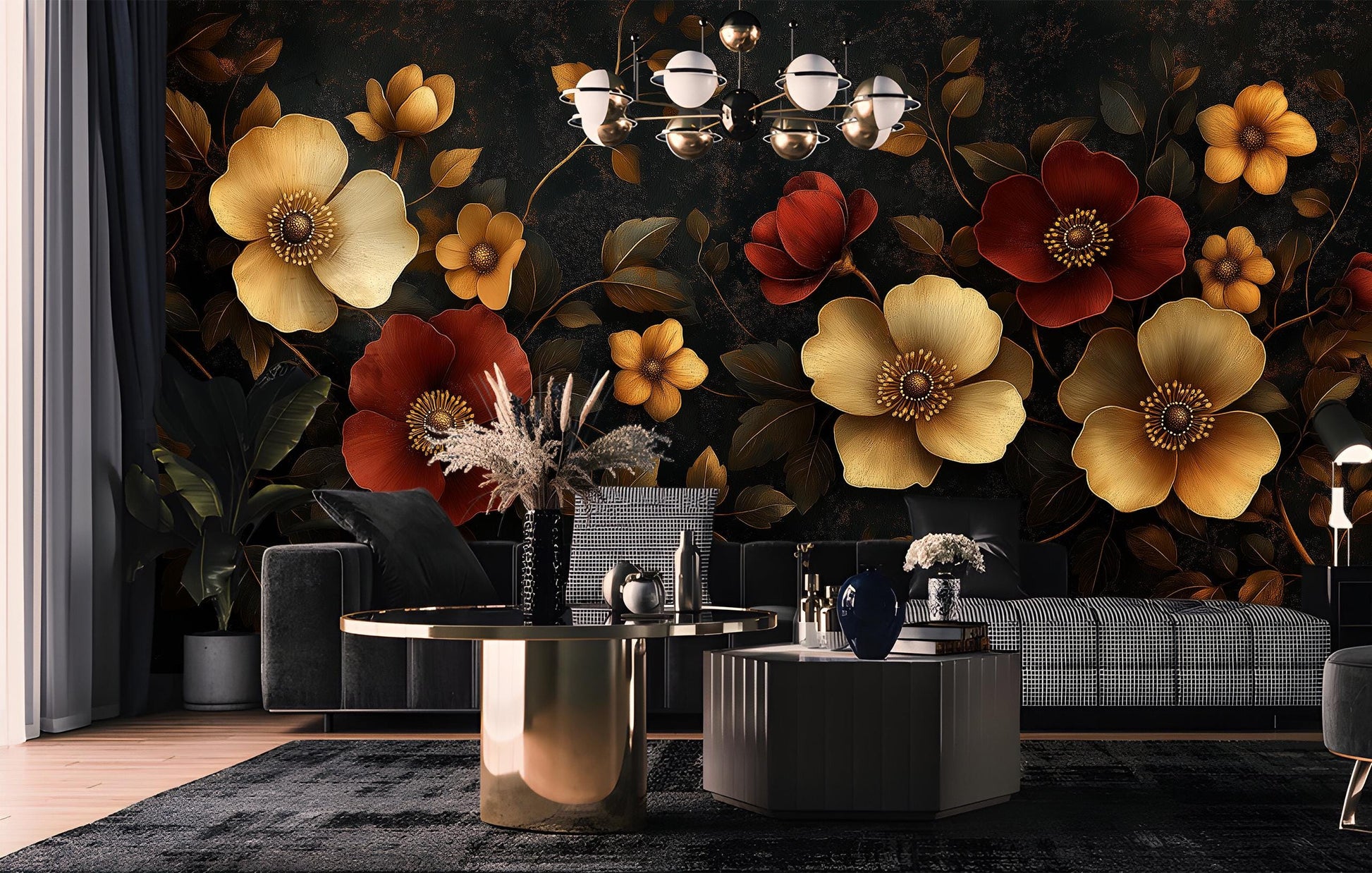 Luxury Dark Floral Red Floral Wallpaper – room setting, Golden Era Walls