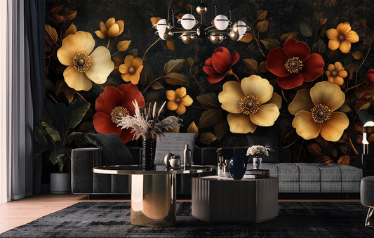 Luxury Dark Floral Red Floral Wallpaper – room setting, Golden Era Walls