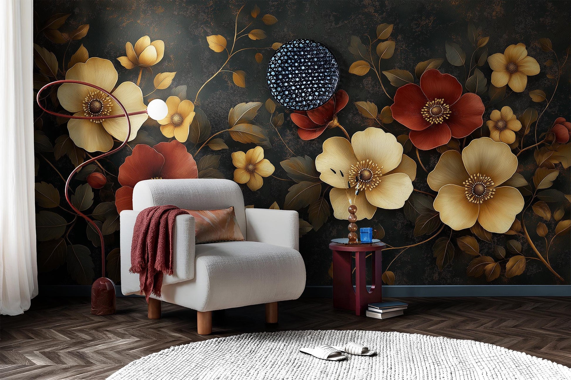 Luxury Dark Floral Red Floral Wallpaper – scale reference, Golden Era Walls