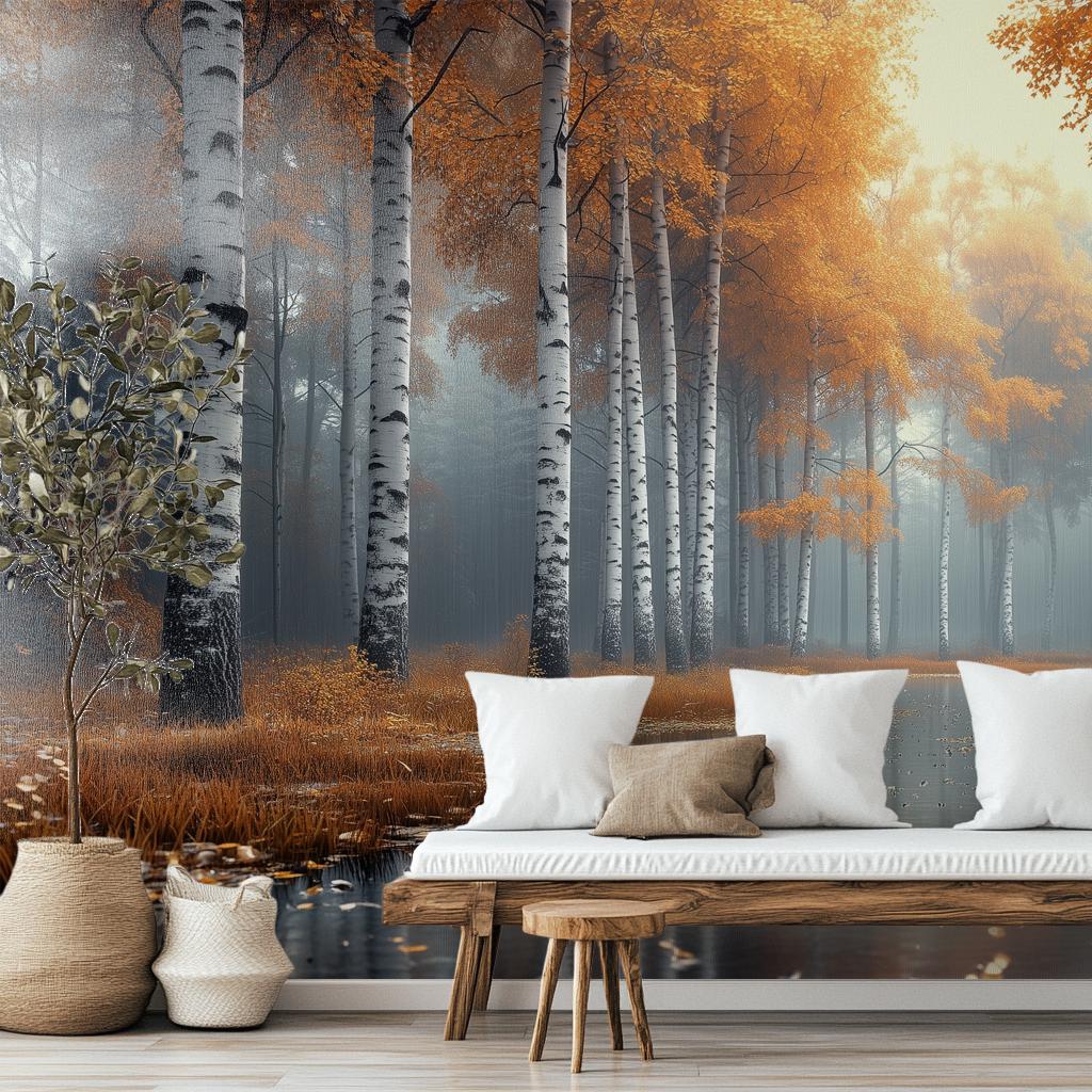 Misty Autumn Birch Forest Coastal Wallpaper – room setting, Golden Era Walls