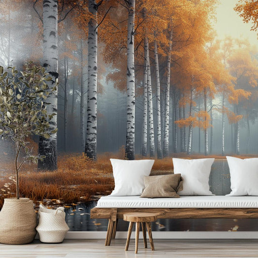 Misty Autumn Birch Forest Coastal Wallpaper – room setting, Golden Era Walls