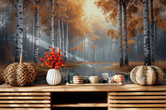 Misty Autumn Birch Forest Coastal Wallpaper – lifestyle view, Golden Era Walls