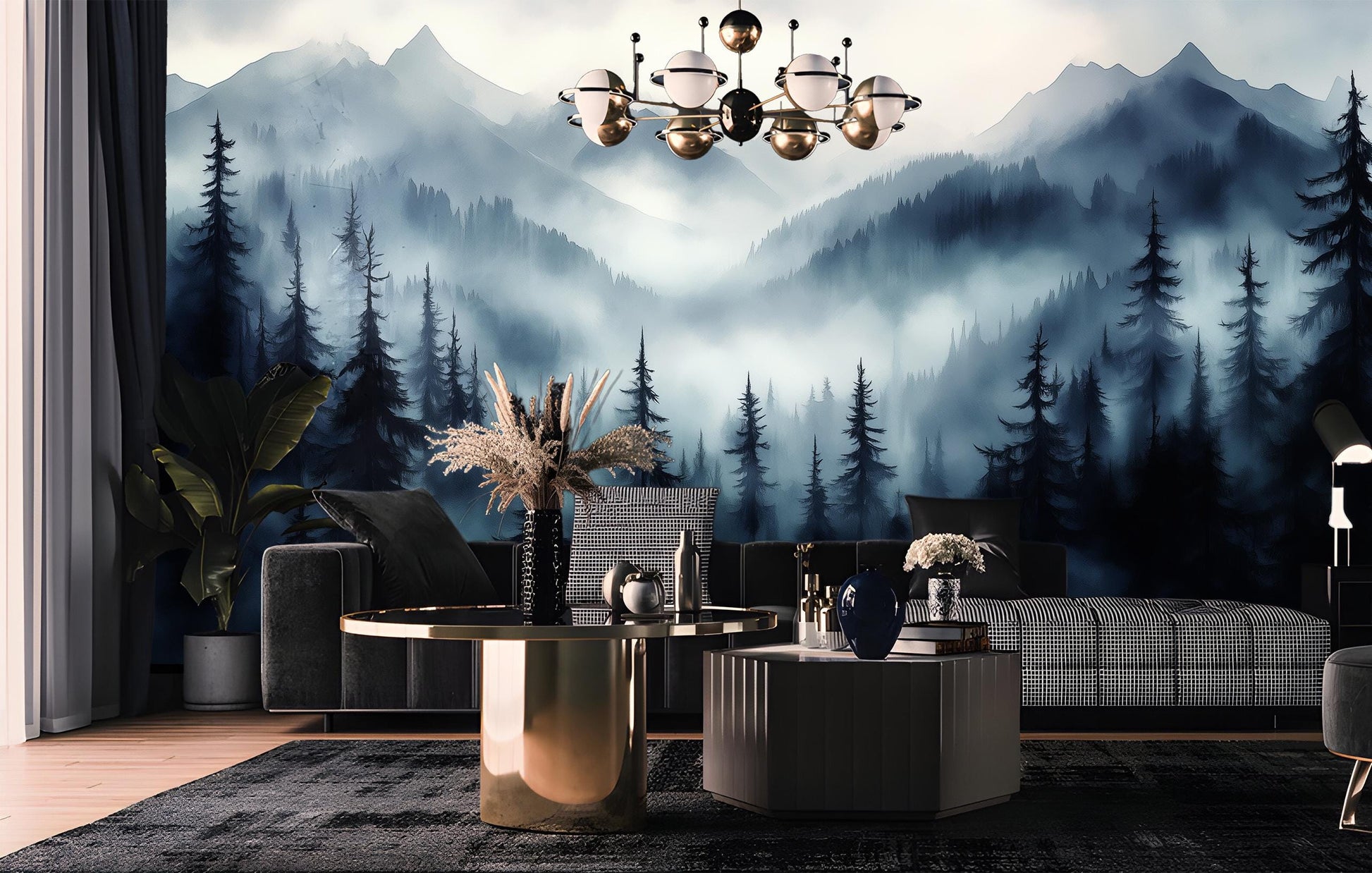 Misty Forest Woodland Fog Wallpaper – scale reference, Golden Era Walls