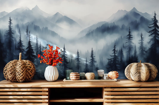 Misty Forest Woodland Fog Wallpaper – room setting, Golden Era Walls