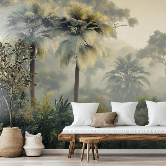 Misty Tropical Forest Palm Tropical Wallpaper – room setting, Golden Era Walls