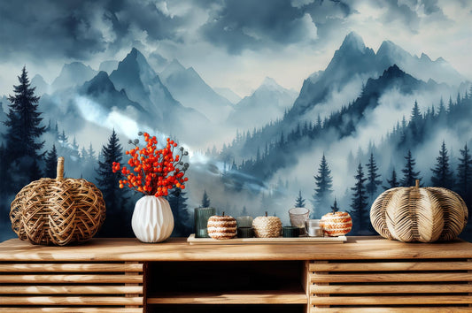 Moody Mountain Forest Modern Wallpaper – lifestyle view, Golden Era Walls