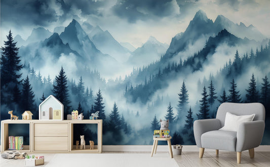 Moody Mountain Forest Modern Wallpaper – peel and stick wallpaper mural, Golden Era Walls