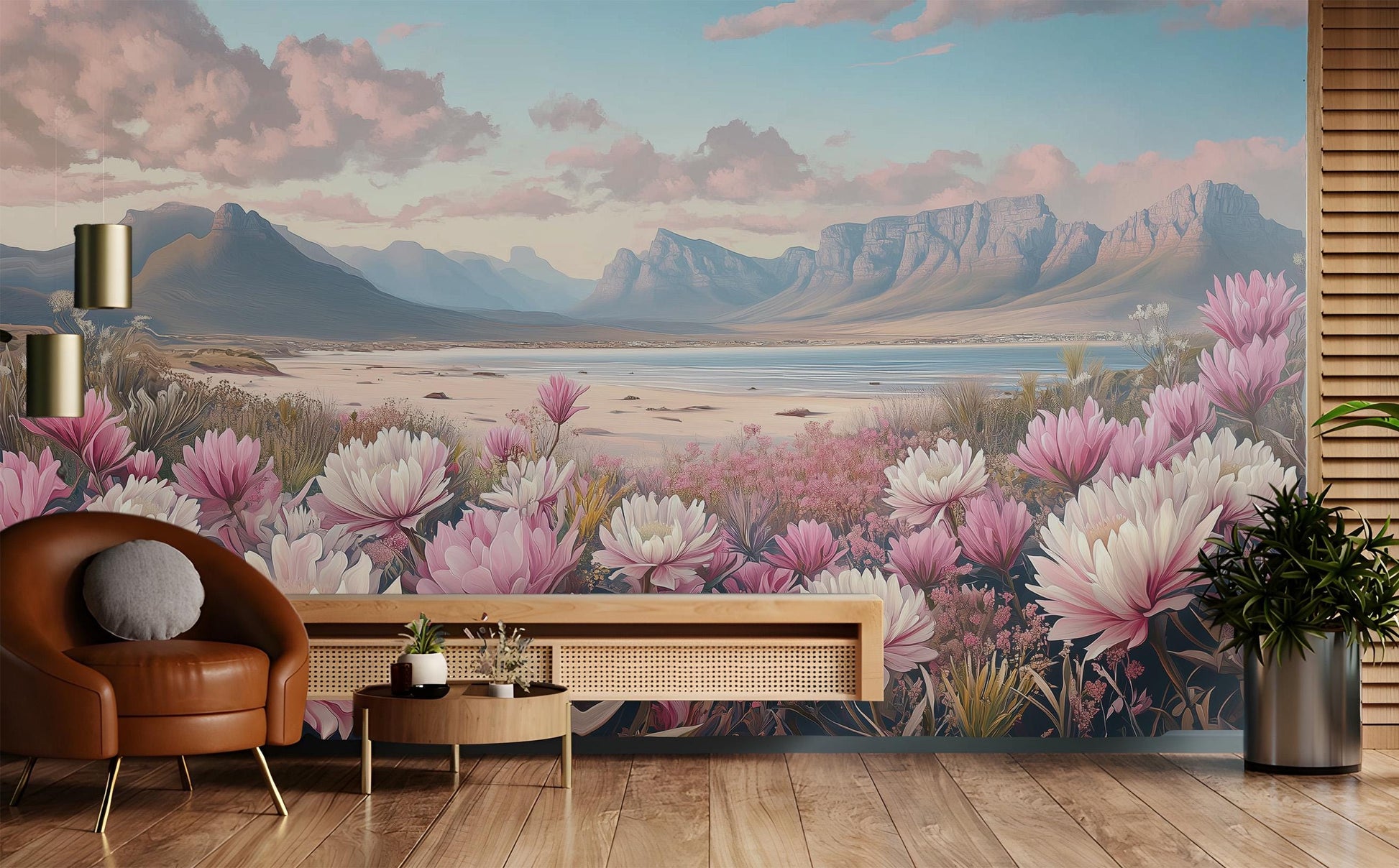 Pink Protea Flower Serene Floral Wallpaper – room setting, Golden Era Walls