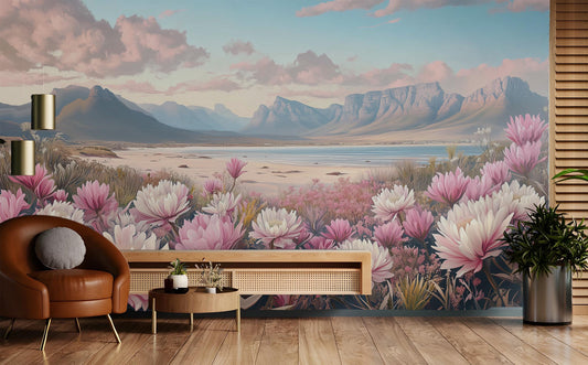 Pink Protea Flower Serene Floral Wallpaper – room setting, Golden Era Walls