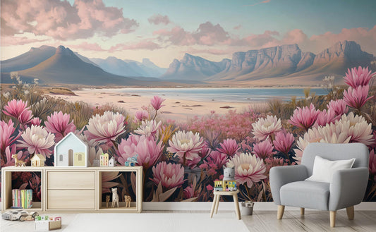 Pink Protea Flower Serene Floral Wallpaper – peel and stick wallpaper mural, Golden Era Walls