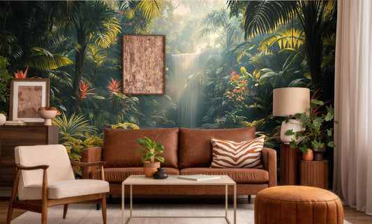 Rainforest Art Exotic Waterfall Floral Wallpaper – detail view, Golden Era Walls