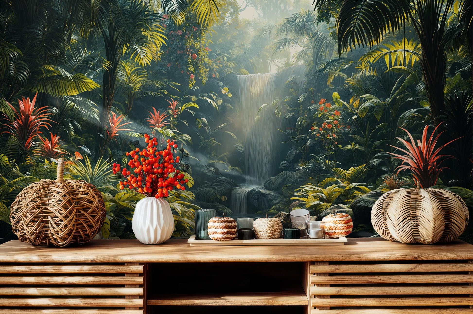 Rainforest Art Exotic Waterfall Floral Wallpaper – scale reference, Golden Era Walls