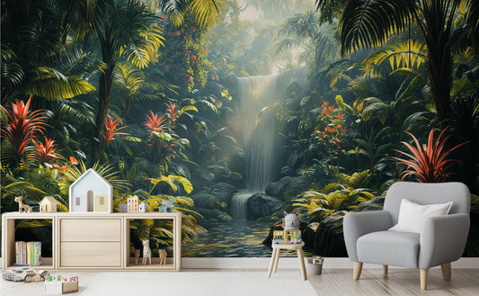Rainforest Art Exotic Waterfall Floral Wallpaper – room setting, Golden Era Walls