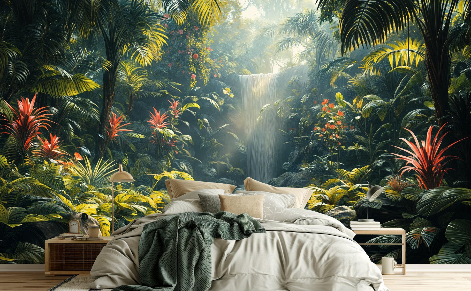Rainforest Art Exotic Waterfall Floral Wallpaper – lifestyle view, Golden Era Walls