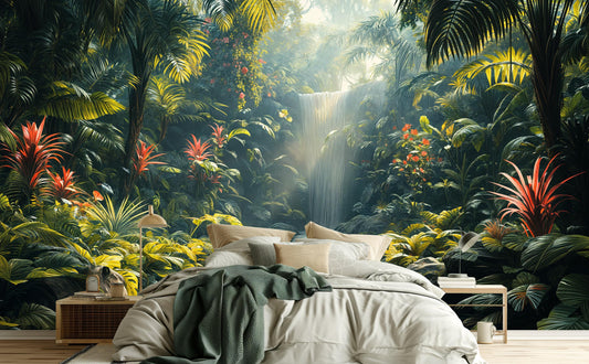 Rainforest Art Exotic Waterfall Floral Wallpaper – lifestyle view, Golden Era Walls