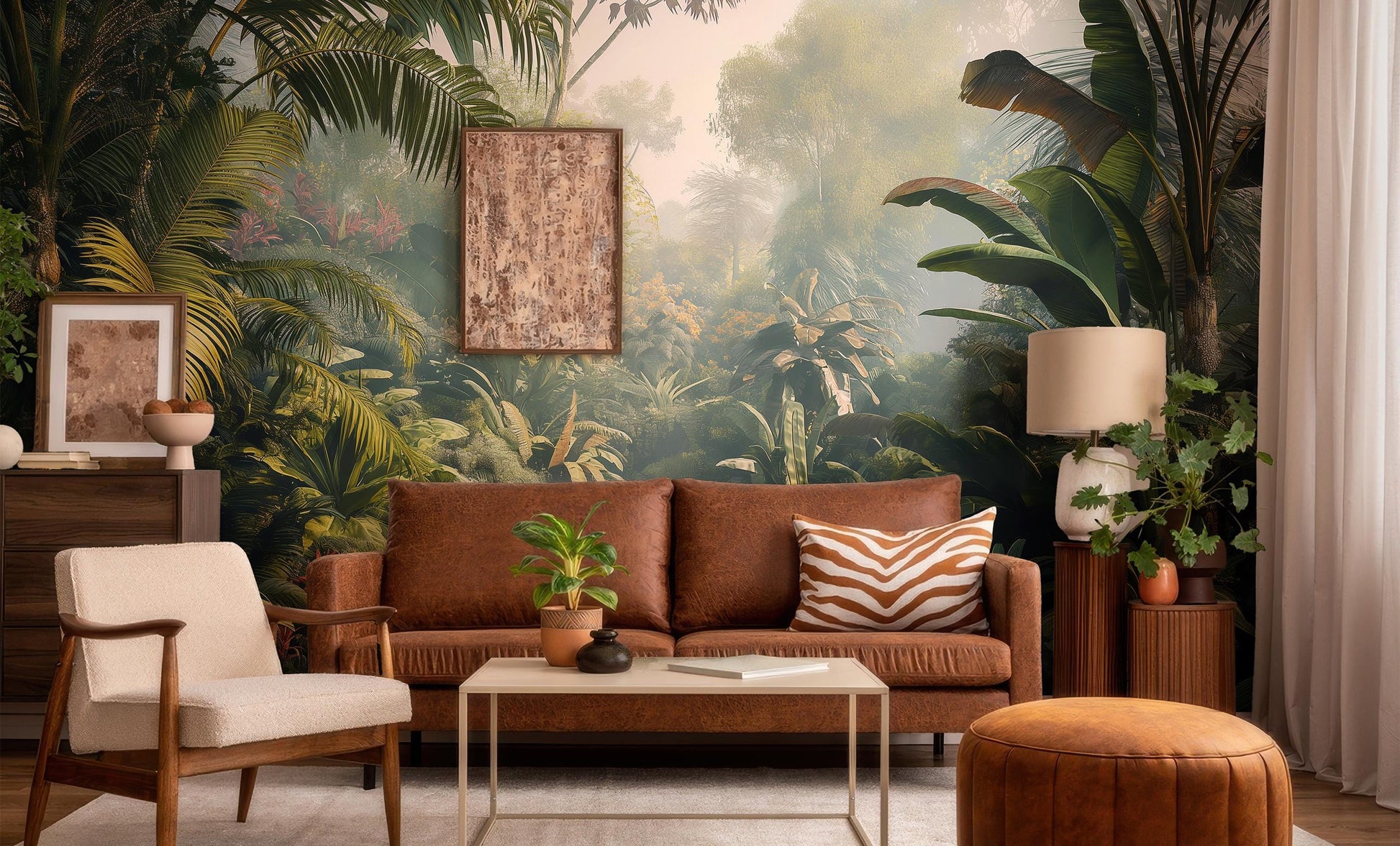 Rainforest Art Lush Jungle Floral Wallpaper – lifestyle view, Golden Era Walls