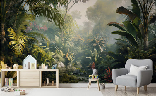 Rainforest Art Lush Jungle Floral Wallpaper – room setting, Golden Era Walls