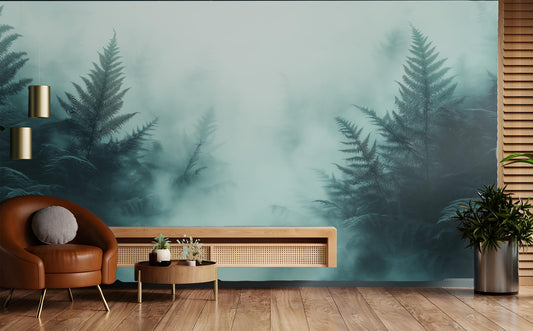 Teal Fern Jungle Forest Floral Wallpaper – lifestyle view, Golden Era Walls