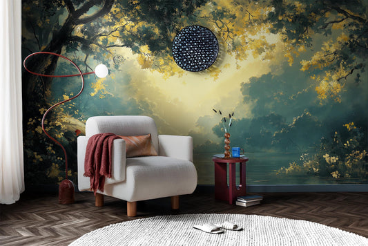 Romantic Landscape Vintage River Wallpaper – lifestyle view, Golden Era Walls