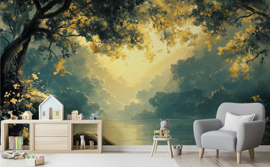 Romantic Landscape Vintage River Wallpaper – room setting, Golden Era Walls