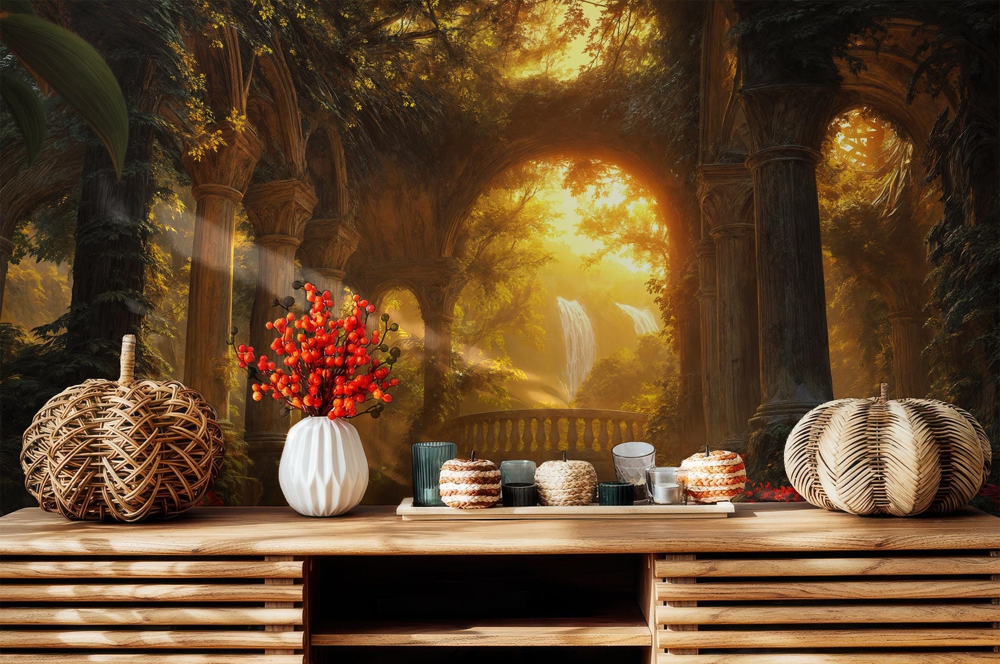 Temple Garden Sunlit Arches Floral Wallpaper – scale reference, Golden Era Walls
