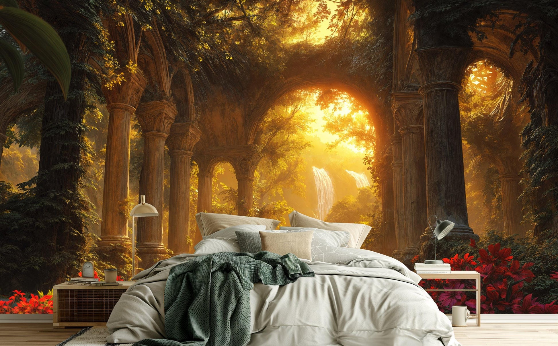 Temple Garden Sunlit Arches Floral Wallpaper – peel and stick wallpaper mural, Golden Era Walls