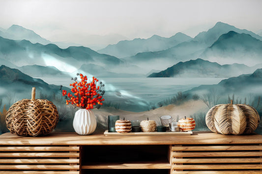 Serene Coastal Landscape Watercolor Coastal Wallpaper – lifestyle view, Golden Era Walls