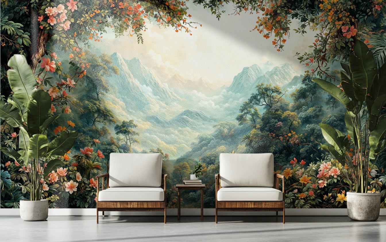 Tropical Forest Scenic Mountain Floral Wallpaper – detail view, Golden Era Walls