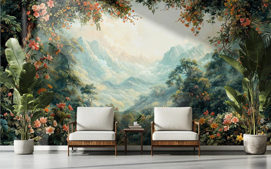 Tropical Forest Scenic Mountain Floral Wallpaper – detail view, Golden Era Walls