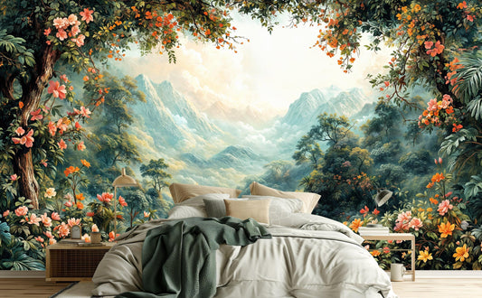 Tropical Forest Scenic Mountain Floral Wallpaper – room setting, Golden Era Walls