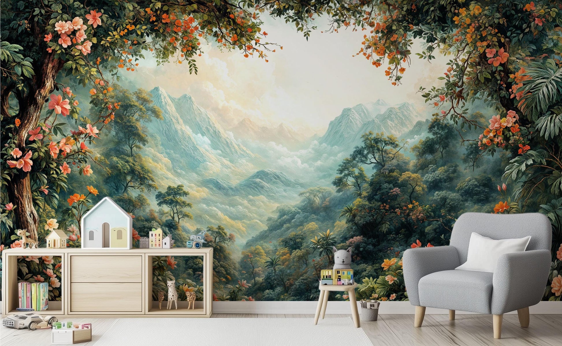 Tropical Forest Scenic Mountain Floral Wallpaper – peel and stick wallpaper mural, Golden Era Walls