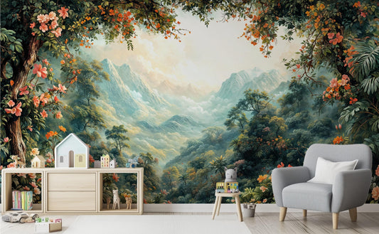 Tropical Forest Scenic Mountain Floral Wallpaper – peel and stick wallpaper mural, Golden Era Walls
