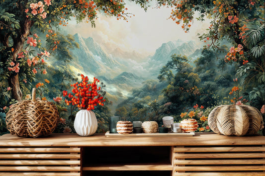 Tropical Forest Scenic Mountain Floral Wallpaper – lifestyle view, Golden Era Walls