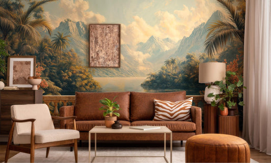 Tropical Jungle Mountain Vintage Floral Wallpaper – room setting, Golden Era Walls