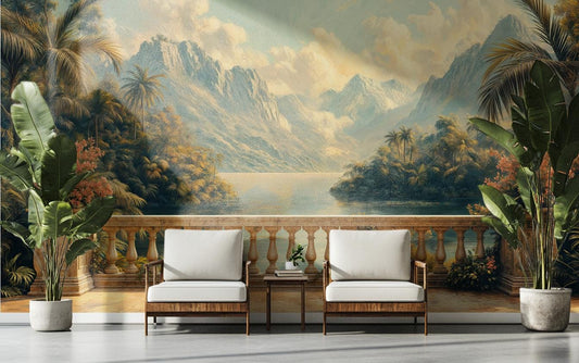 Tropical Jungle Mountain Vintage Floral Wallpaper – lifestyle view, Golden Era Walls