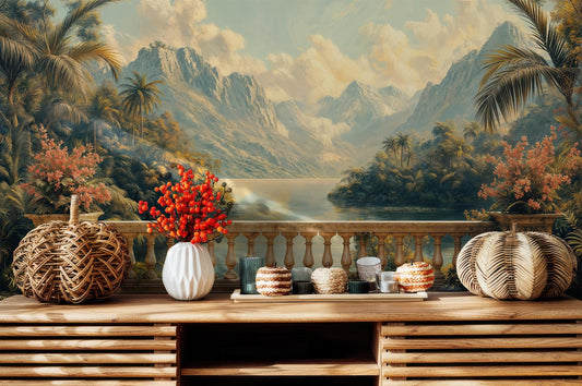 Tropical Jungle Mountain Vintage Floral Wallpaper – peel and stick wallpaper mural, Golden Era Walls