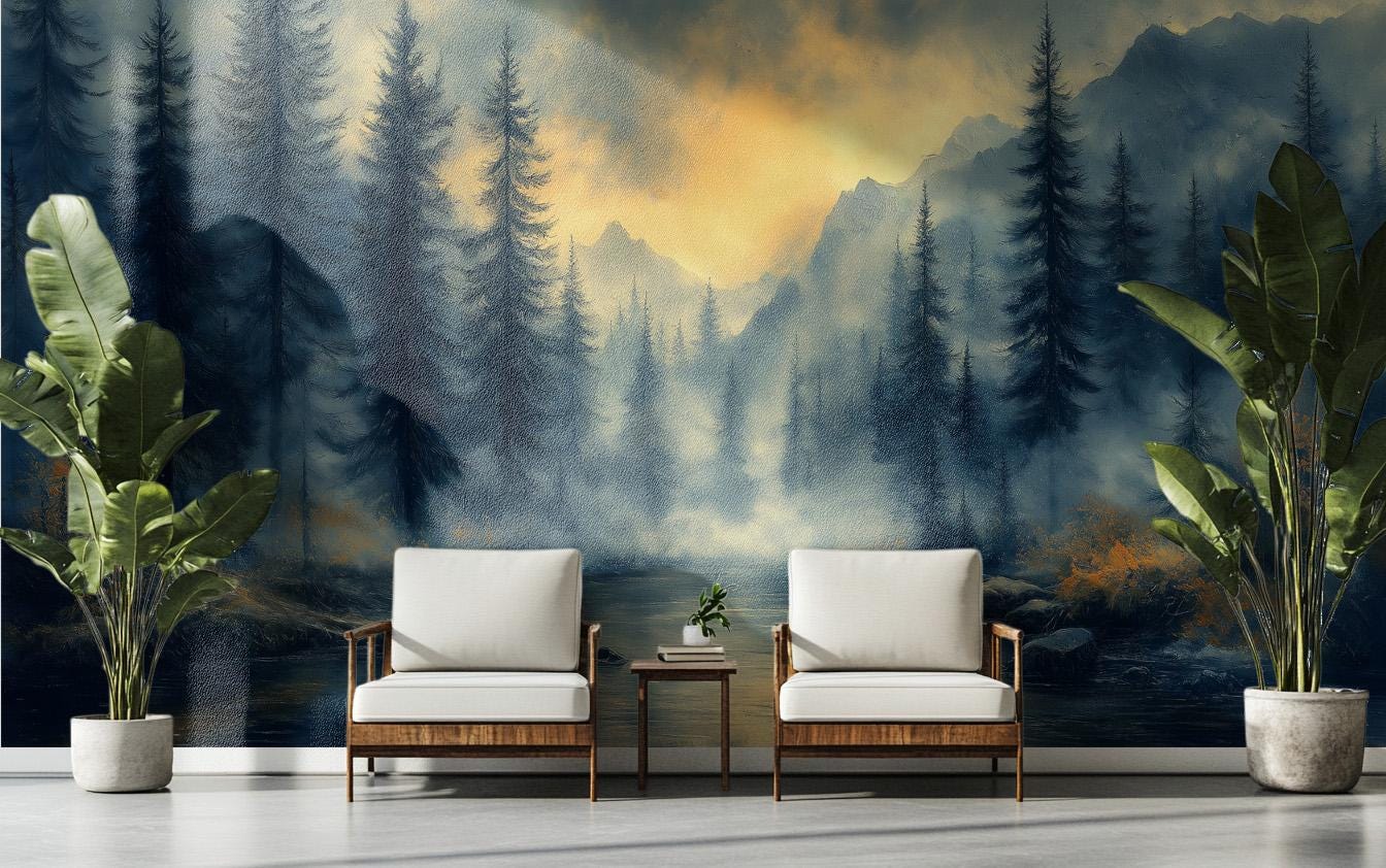 Misty Pine Forest Sleek Wallpaper – detail view, Golden Era Walls