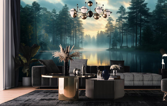 Mountain Landscape Foggy Forest Wallpaper – peel and stick wallpaper mural, Golden Era Walls