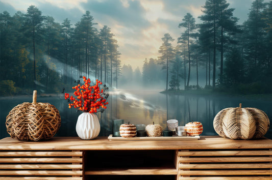 Mountain Landscape Foggy Forest Wallpaper – room setting, Golden Era Walls