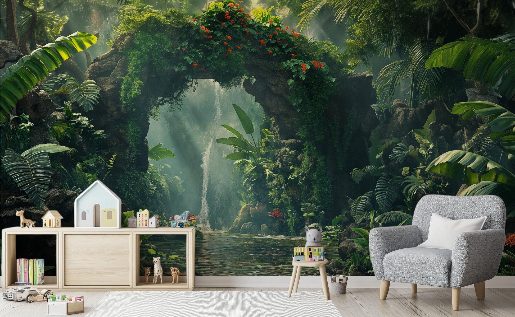 Rainforest Waterfall Tropical Jungle Tropical Wallpaper – room setting, Golden Era Walls