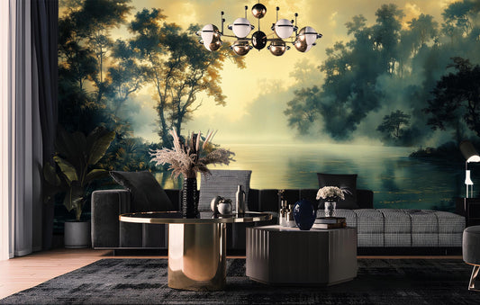 Serene Water Reflection Hand Wallpaper – peel and stick wallpaper mural, Golden Era Walls