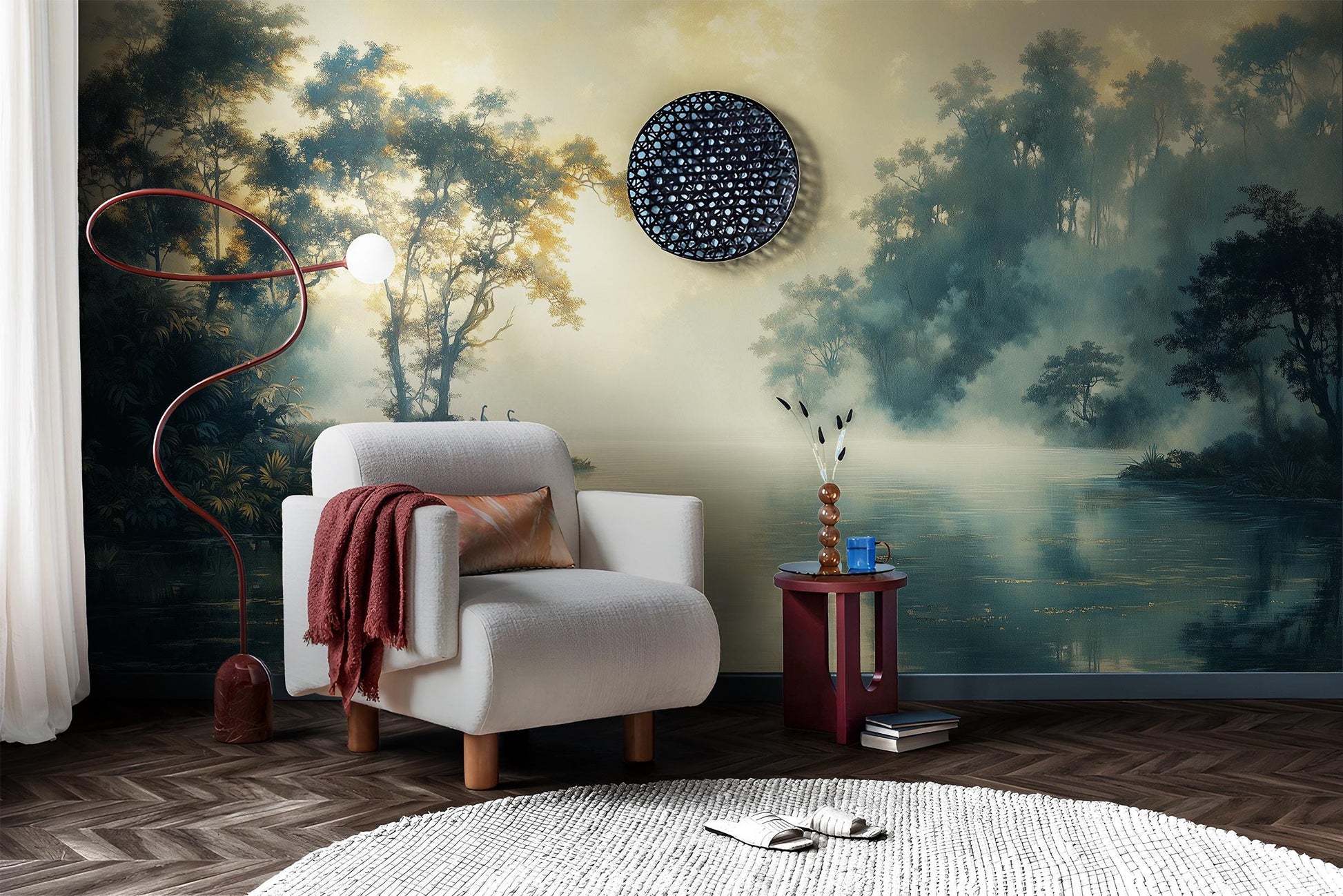 Serene Water Reflection Hand Wallpaper – lifestyle view, Golden Era Walls