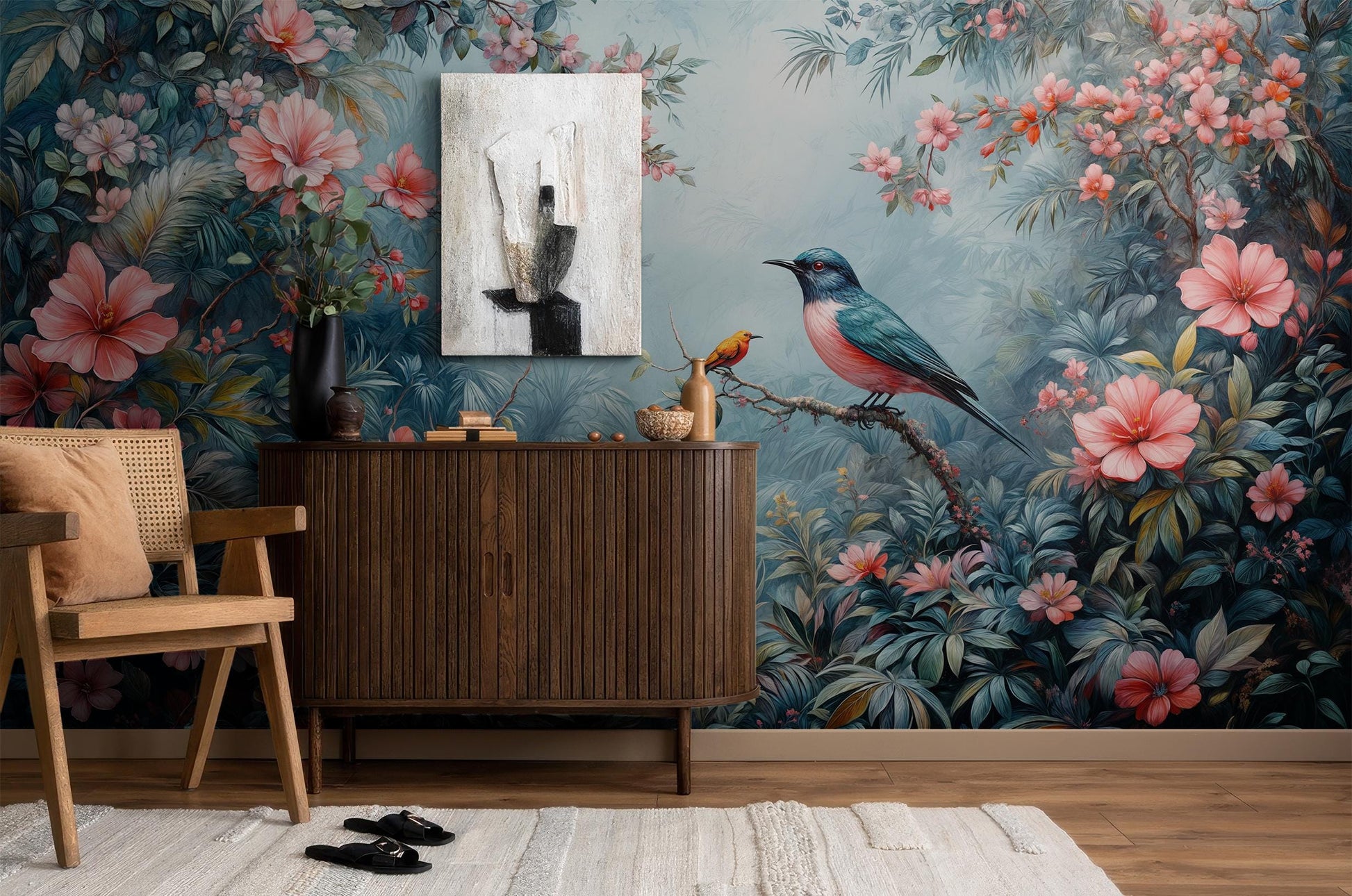 Tropical Bird Vibrant Jungle Floral Wallpaper – scale reference, Golden Era Walls