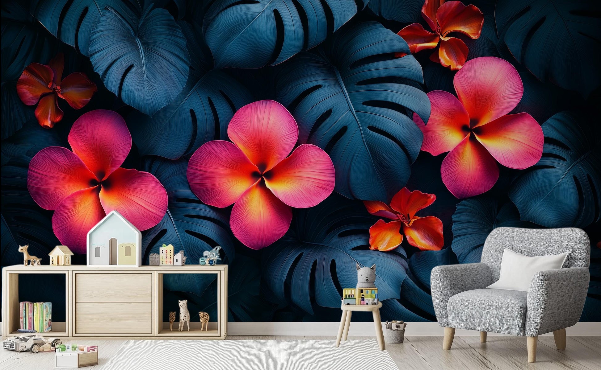 Tropical Bird Vibrant Jungle Floral Wallpaper – room setting, Golden Era Walls