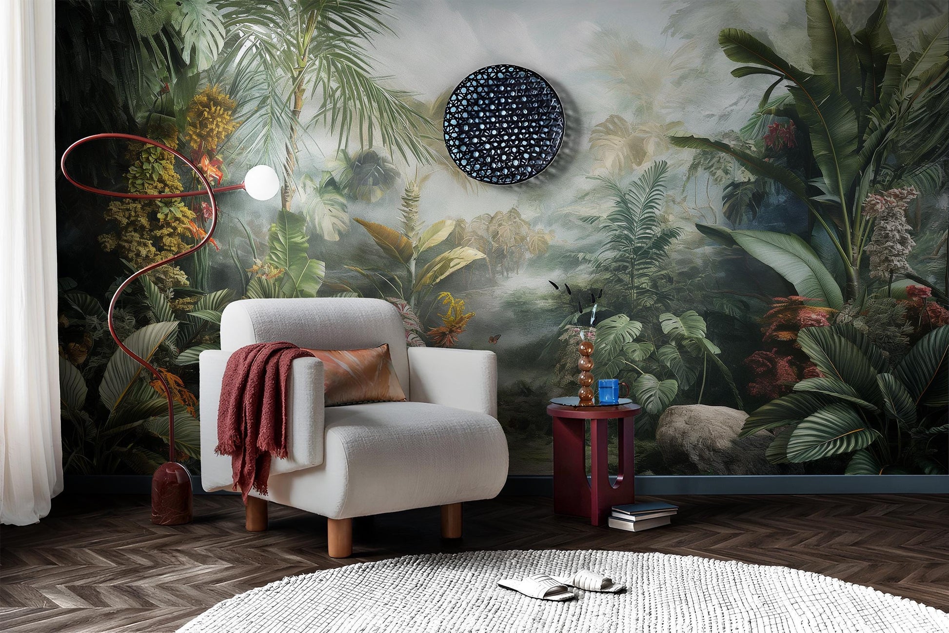 Tropical Rainforest Misty Jungle Floral Wallpaper – scale reference, Golden Era Walls
