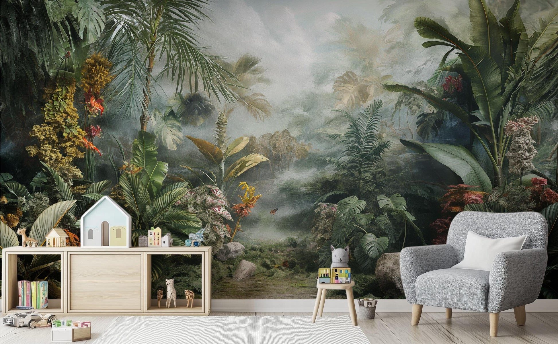 Tropical Rainforest Misty Jungle Floral Wallpaper – peel and stick wallpaper mural, Golden Era Walls